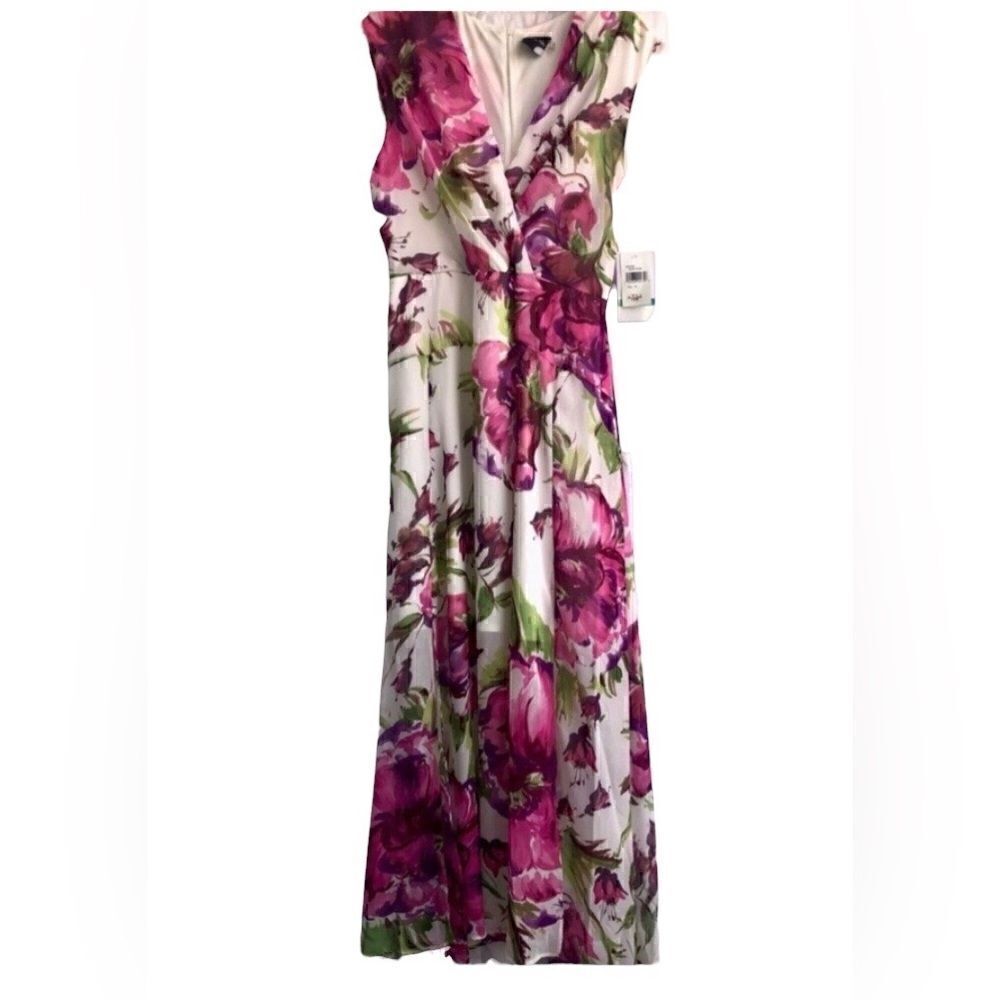 NWT MAISON TARA Ivory Pink Floral Sleeveless Maxi Chiffon Dress Size: 16